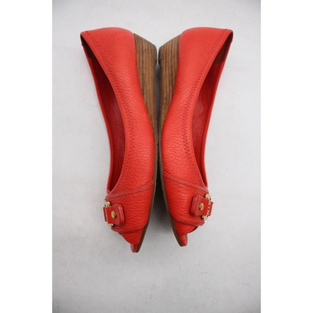 Tory Burch Emma Wedge Women's Size 6.5 Red Leather Peep Toe Shoes - Picture 4 of 11